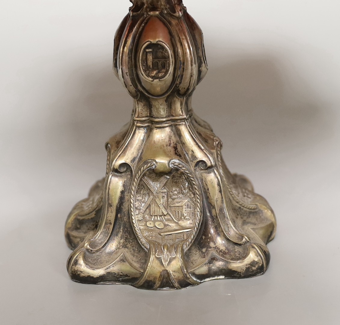 A Bohemian overlaid glass centrepiece with associated Dutch (?) white metal base, 20cm tall